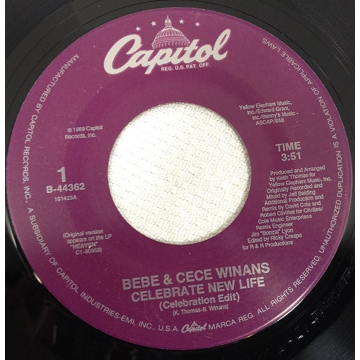 Vinyl Single 45: Bebe and Cece Winans ‎– Celebrate New Life (Celebration Edit) / Celebrate New Life (LP Version)
New old stock funk/soul/gospel vinyl 1989