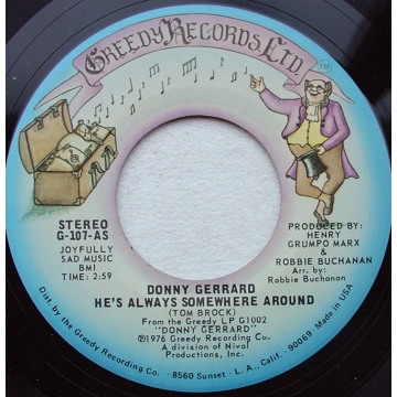 Single 45: Donny Gerrard ‎– He's Always Somewhere Around / Greedy (For Your Love)
New old stock Funk/Soul / Disco vinyl 1976