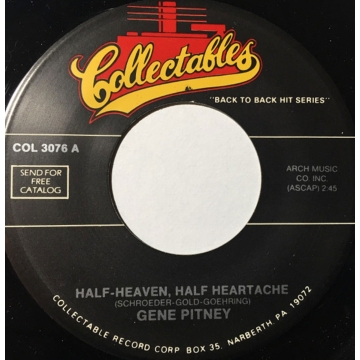 Single 45: Gene Pitney ‎– Half Heaven, Half Heartache / True Love Never Runs Smooth
Jukebox Collectables label