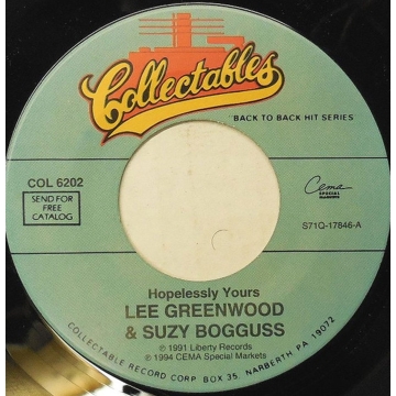 Single 45: Lee Greenwood and Suzy Bogguss / Tanya Tucker and T. Graham Brown ‎– Hopelessly Yours / Don't Go Out
New old stock country vinyl