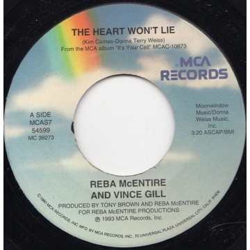 Vinyl Single 45: Reba McEntire and Vince Gill ‎– The Heart Won't Lie / Will He Ever Go Away
New old stock vinyl