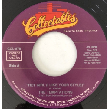 Vinyl Single 45: The Temptations ‎– Hey Girl (I Like Your Style) / Let Your Hair Down