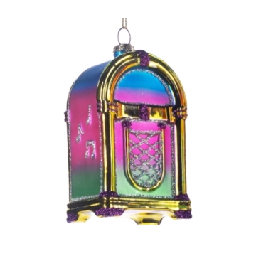 Colourful glass Christmas ornament shaped like a jukebox, 10 cm high. A unique Christmas decoration for music and vintage lovers.